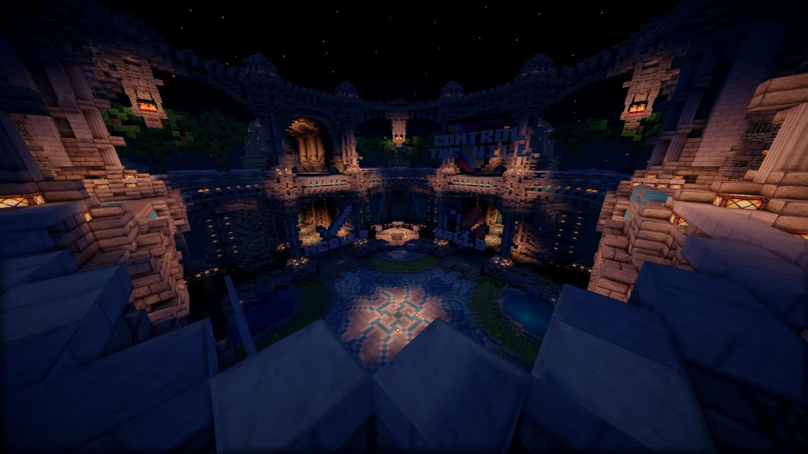 A large stone lobby at night with lit archways leading to areas for Nebula, The Walls and Control the Hill