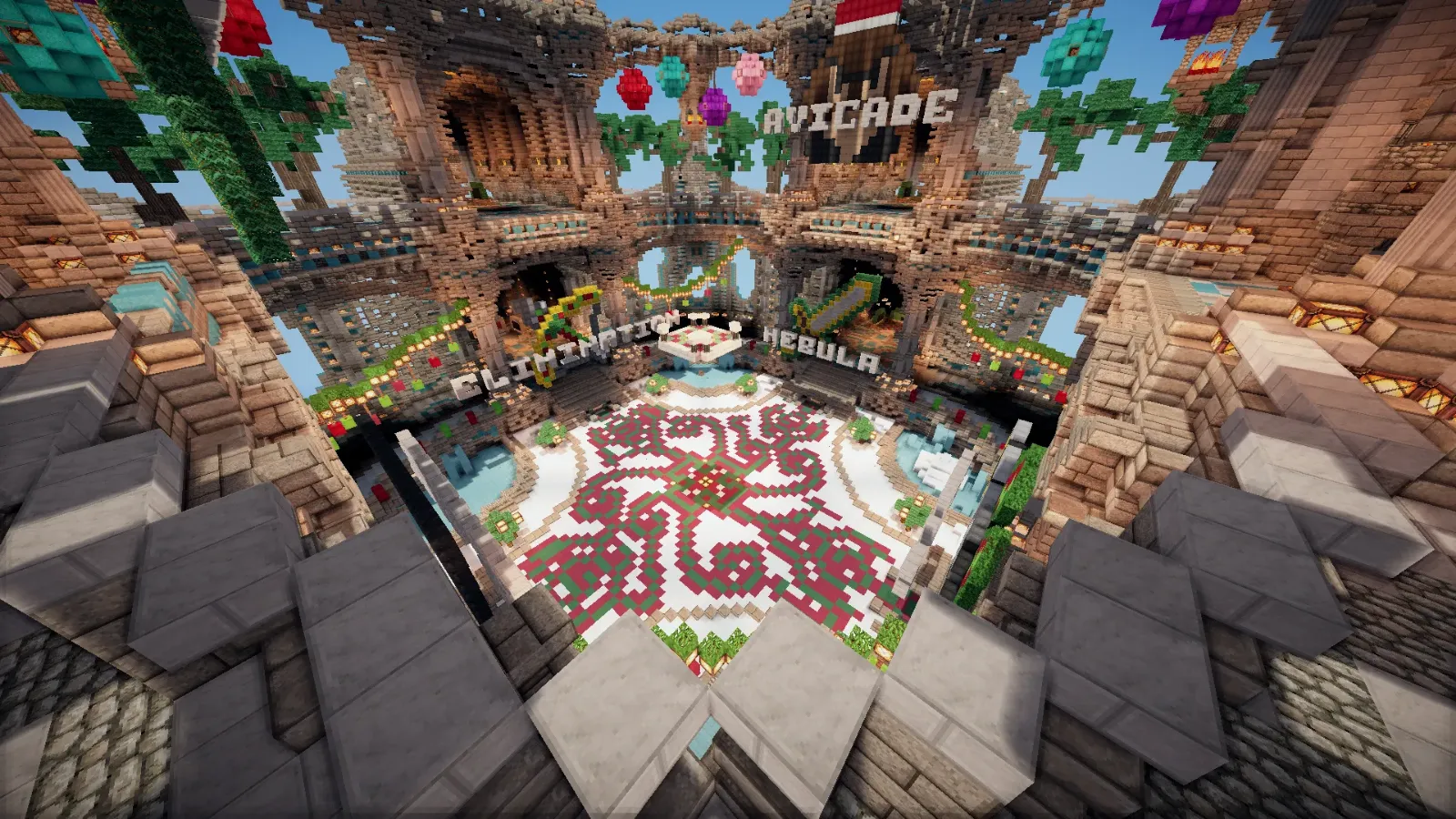 The Avicus lobby decorated for Christmas with ornaments, garlands and a red and white floor, with areas for Avicade, Elimination and Nebula