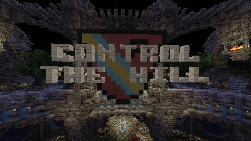 A block-built Control the Hill sign with a shield emblem inside the lobby