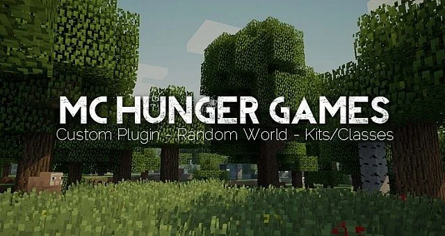 Banner reading MC Hunger Games: Custom Plugin, Random World, Kits/Classes, over a forest