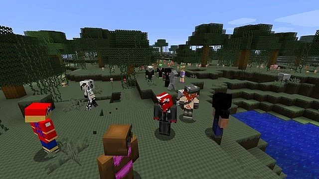 A crowd of players in a forest at the start of a Hunger Games match