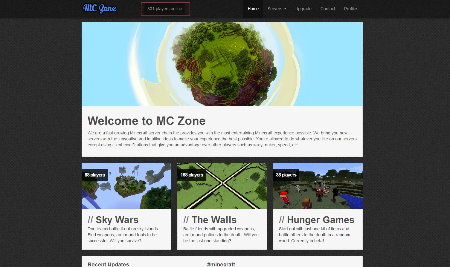 The MC Zone homepage showing 301 players online, with 88 on Sky Wars, 168 on The Walls and 38 on Hunger Games