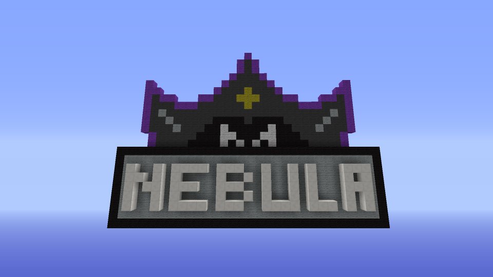 The Nebula logo built from blocks in Minecraft, a dark helmet shape with purple edges above the word Nebula