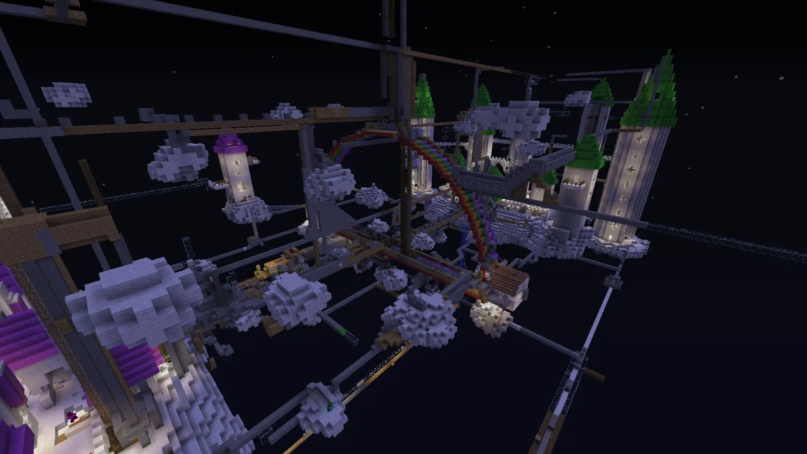 A Nebula map at night mid-match: floating castle towers and clouds criss-crossed by player-built bridges and walkways across the void