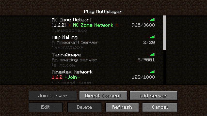 The Minecraft multiplayer server list showing MC Zone Network at 965 of 3600 players on version 1.6.2, above TerraScape