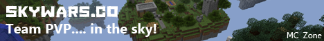 Banner reading skywars.co, Team PVP in the sky, MC Zone