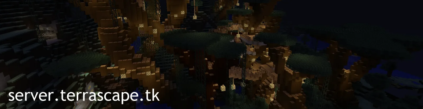 A giant tree build at night with walkways, platforms and glowing lanterns among its branches, with server.terrascape.tk written across the bottom
