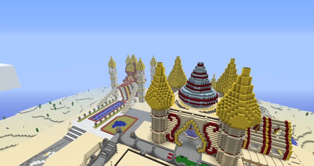 A palace with golden onion domes and long staircases on a sandy plain