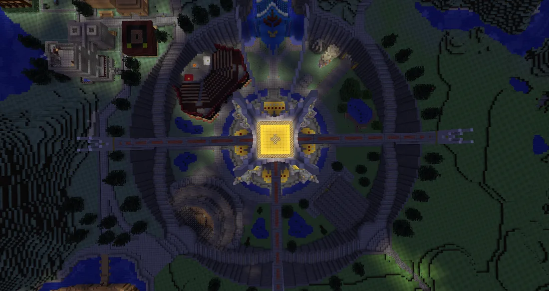 Volga, a circular walled spawn city seen from above at night, with roads leading out in four directions
